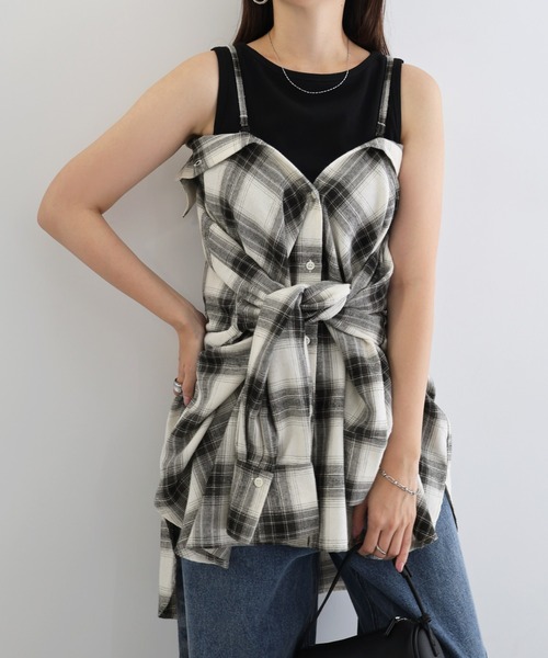 andme(アンドミー)の「2wayチェックシャツブラウス/キャミソールビスチェ(シャツ/ブラウス・レディース・ブラック/オフホワイト/ブラウン・FREE)」の7枚目の写真