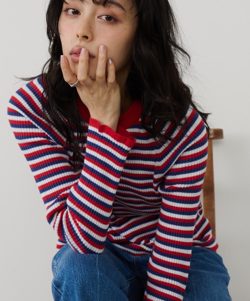 Unitage（ユニテージ）の「配色クルーネックリブニット（ニット/セーター・レディース・その他/ライトブルー/ブラック/アイボリー/ネイビー/ブラウン/ナチュラル/グレー・FREE）」の8枚目の写真