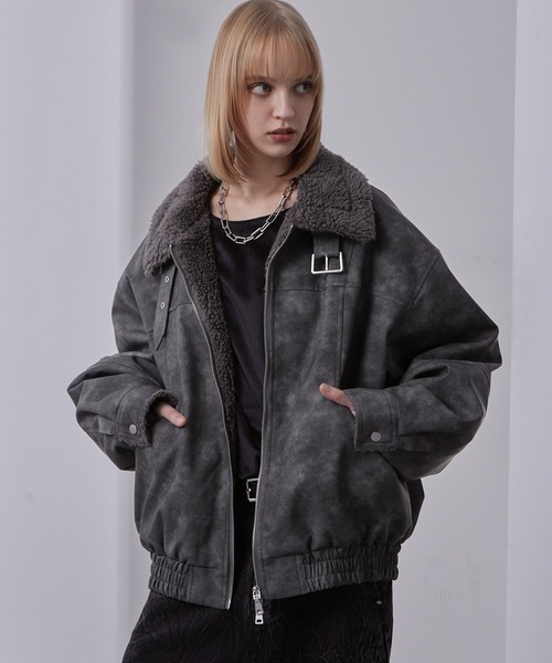 Loose/ルース（ルース）の「ヴィンテージ 合皮ショートボアブルゾン（ブルゾン・メンズ・ダークグレー/ブラック/グレー・S/M/L）」の2枚目の写真