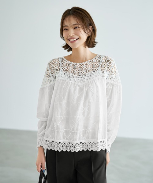 STYLE DELI(スタイルデリ)の「上部がレースのギャザーブラウス(Tシャツ/カットソー・レディース・ブラック/ホワイト・FREE)」の3枚目の写真