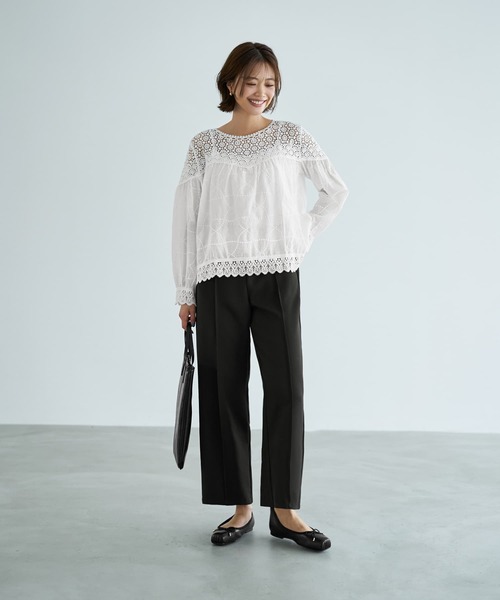 STYLE DELI(スタイルデリ)の「上部がレースのギャザーブラウス(Tシャツ/カットソー・レディース・ブラック/ホワイト・FREE)」の4枚目の写真