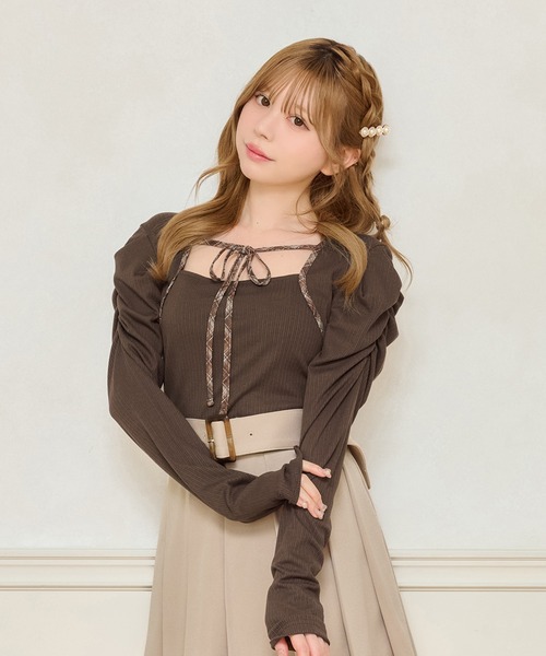 apresjour フロントリボンパフスリブトップス フロントリボンパフスリブトップス（ニット/セーター）｜apres jour