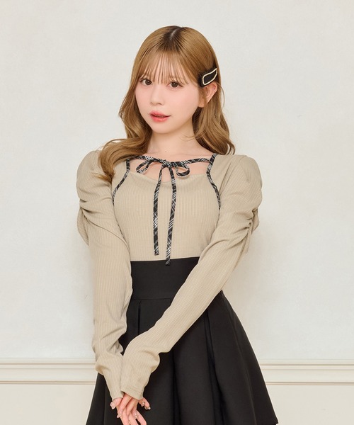 apresjour フロントリボンパフスリブトップス フロントリボンパフスリブトップス（ニット/セーター）｜apres