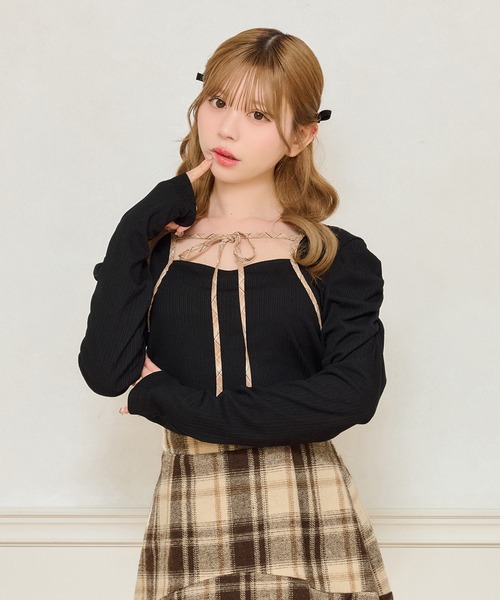 apresjour フロントリボンパフスリブトップス フロントリボンパフスリブトップス（ニット/セーター）｜apres