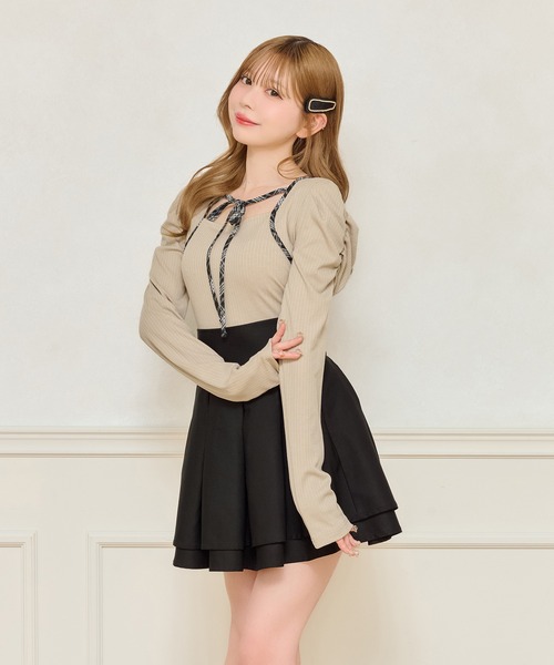 apresjour フロントリボンパフスリブトップス フロントリボンパフスリブトップス（ニット/セーター）｜apres