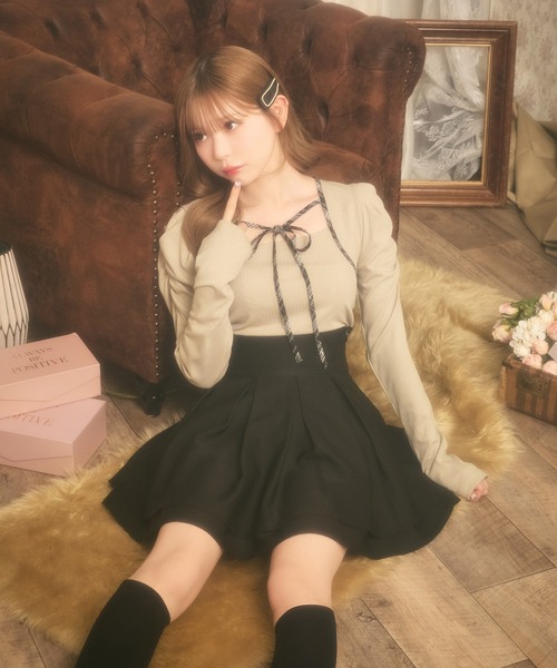 apresjour フロントリボンパフスリブトップス フロントリボンパフスリブトップス（ニット/セーター）｜apres