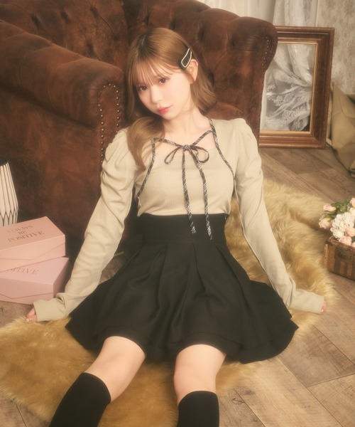 apresjour フロントリボンパフスリブトップス フロントリボンパフスリブトップス（ニット/セーター）｜apres