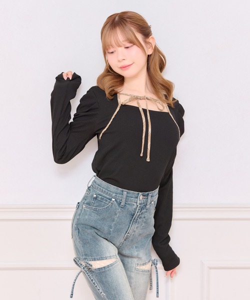 apres jour(アプレジュール)の「フロントリボンパワショルトップス(Tシャツ/カットソー・レディース・ダークブラウン/グレイッシュベージュ/ブラック・フリー/X-LARGE)」の5枚目の写真
