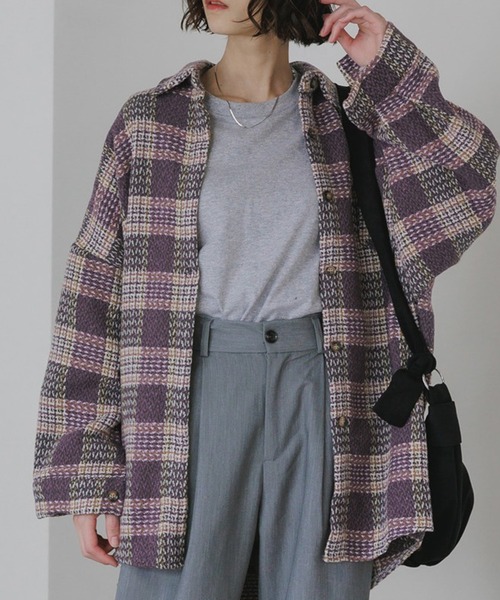 AO2(アオズ)の「Block Check Drop Shoulder Jacket / ブロックチェック ドロップショルダー ジャケット(カバーオール・レディース・パープル/ブラウン/レッド/グレー・FREE)」の3枚目の写真