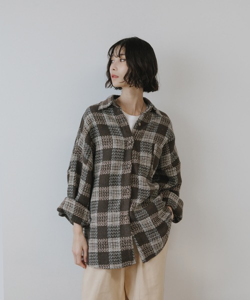 AO2(アオズ)の「Block Check Drop Shoulder Jacket / ブロックチェック ドロップショルダー ジャケット(カバーオール・レディース・パープル/ブラウン/レッド/グレー・FREE)」の12枚目の写真