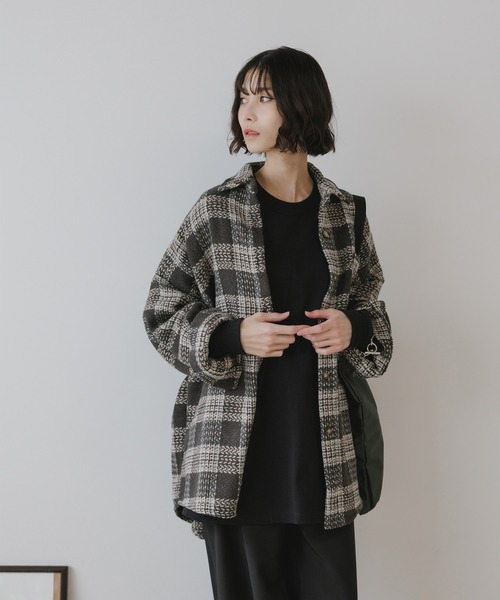 AO2(アオズ)の「Block Check Drop Shoulder Jacket / ブロックチェック ドロップショルダー ジャケット(カバーオール・レディース・パープル/ブラウン/レッド/グレー・FREE)」の5枚目の写真