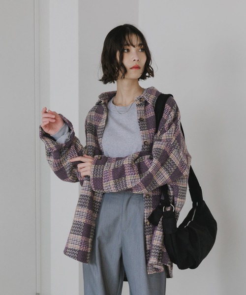 AO2(アオズ)の「Block Check Drop Shoulder Jacket / ブロックチェック ドロップショルダー ジャケット(カバーオール・レディース・パープル/ブラウン/レッド/グレー・FREE)」の20枚目の写真