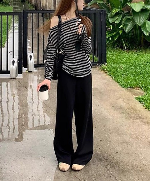 HALEY PESCA（ヘーリーペスカ）の「HALEY PESCA/ボーダーワンショルダー長袖Tシャツ　カットソー（Tシャツ/カットソー・レディース・ブラック・MEDIUM/SMALL/LARGE）」の2枚目の写真
