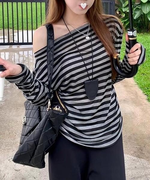 HALEY PESCA（ヘーリーペスカ）の「HALEY PESCA/ボーダーワンショルダー長袖Tシャツ　カットソー（Tシャツ/カットソー・レディース・ブラック・MEDIUM/SMALL/LARGE）」の3枚目の写真