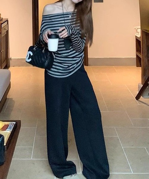 HALEY PESCA（ヘーリーペスカ）の「HALEY PESCA/ボーダーワンショルダー長袖Tシャツ　カットソー（Tシャツ/カットソー・レディース・ブラック・MEDIUM/SMALL/LARGE）」の6枚目の写真