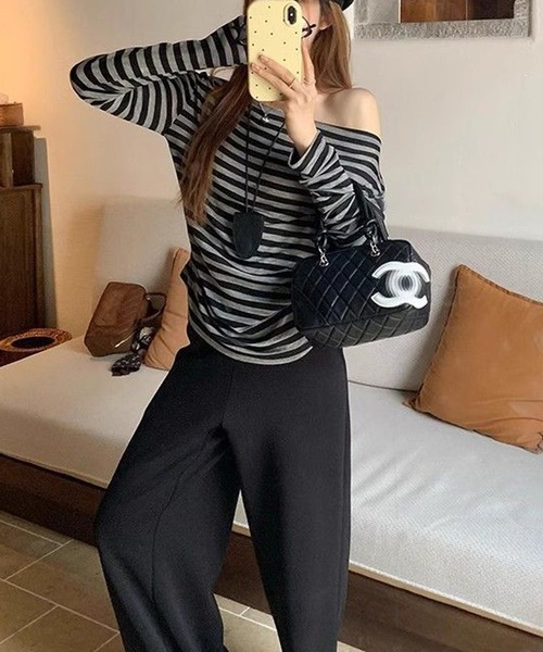HALEY PESCA（ヘーリーペスカ）の「HALEY PESCA/ボーダーワンショルダー長袖Tシャツ　カットソー（Tシャツ/カットソー・レディース・ブラック・MEDIUM/SMALL/LARGE）」の7枚目の写真
