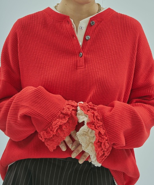 ROSE BUD(ローズバッド)の「(CREOLME)RIB HENRY NECK PULLOVER(Tシャツ/カットソー・レディース・チャコールグレー/オフホワイト/レッド・ONE SIZE)」の7枚目の写真