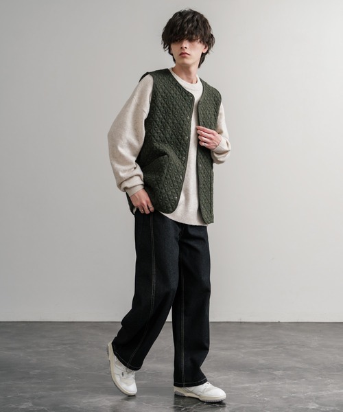 Audience（オーディエンス）の「Upscape Audience アップスケープオーディエンス 日本製 国産 尾州 コットンキルト ストライプ柄/ケーブル柄/クロス柄ノーカラースナップベスト AUD7331（ベスト・メンズ・オリーブ系/ブラック/チャコール/チャコールグレー/グレー/オリーブ/ブラック系/オフホワイト・L/M/XL）」の15枚目の写真