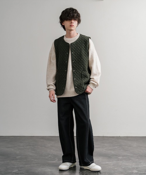Audience（オーディエンス）の「Upscape Audience アップスケープオーディエンス 日本製 国産 尾州 コットンキルト ストライプ柄/ケーブル柄/クロス柄ノーカラースナップベスト AUD7331（ベスト・メンズ・オリーブ系/ブラック/チャコール/チャコールグレー/グレー/オリーブ/ブラック系/オフホワイト・L/M/XL）」の16枚目の写真
