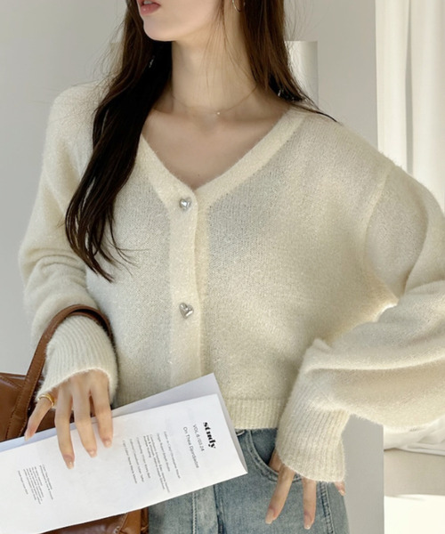 ハート釦 キラキラ シャギー ニット カーデ（カーディガン/ボレロ