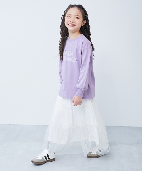 綿100％ デビラボ ガールズ BIGシルエットプリント袖リブ 長袖Tシャツ