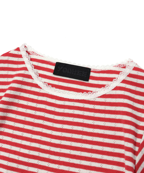 YOUHEE(ユヒ)の「LACE STRIPE T-SHIRTS RED(Tシャツ/カットソー・レディース・その他・FREE)」の4枚目の写真