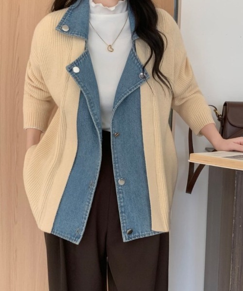ABITOKYO(アビトーキョー)の「開襟デニムドッキングニットカーディガン(カーディガン/ボレロ・レディース・ベージュ/ブラック/グレー・FREE)」の1枚目の写真