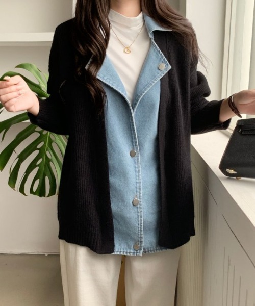 ABITOKYO(アビトーキョー)の「開襟デニムドッキングニットカーディガン(カーディガン/ボレロ・レディース・ベージュ/ブラック/グレー・FREE)」の9枚目の写真