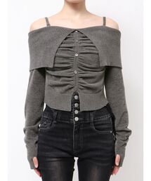 FRONT BUTTON OFF SHOULDER KNIT