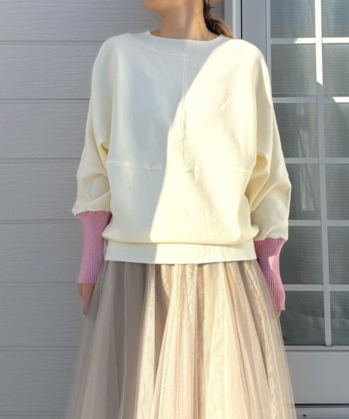 Q（キュー）の「切替ドルマンニット（ニット/セーター・レディース・ライトグレー/ライム/アイボリー/ラベンダー・MEDIUM）」の15枚目の写真