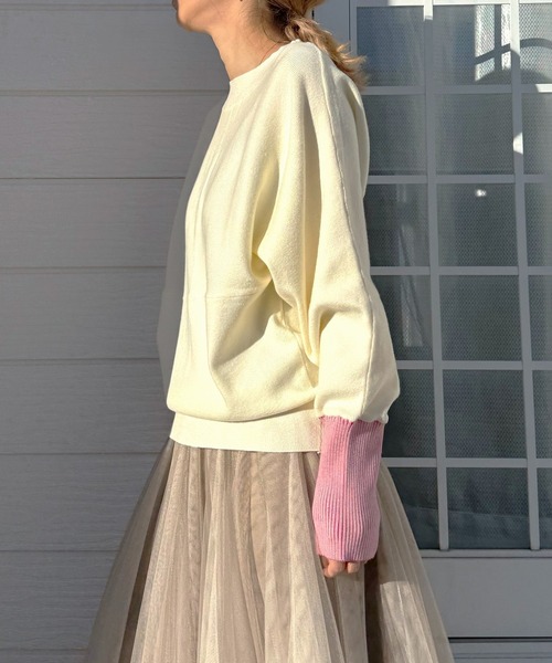 Q（キュー）の「切替ドルマンニット（ニット/セーター・レディース・ライトグレー/ライム/アイボリー/ラベンダー・MEDIUM）」の18枚目の写真