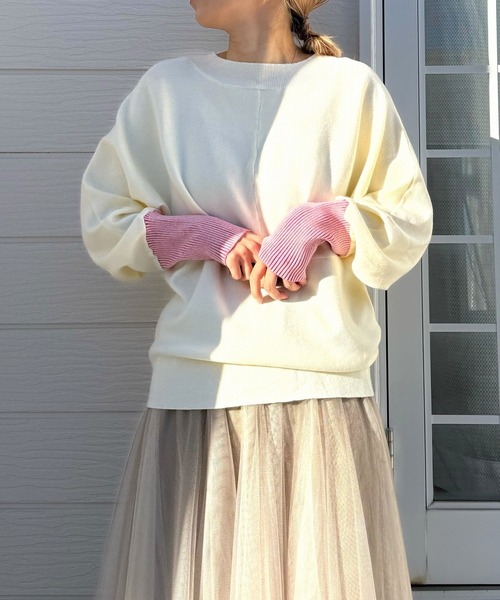 Q（キュー）の「切替ドルマンニット（ニット/セーター・レディース・ライトグレー/ライム/アイボリー/ラベンダー・MEDIUM）」の16枚目の写真