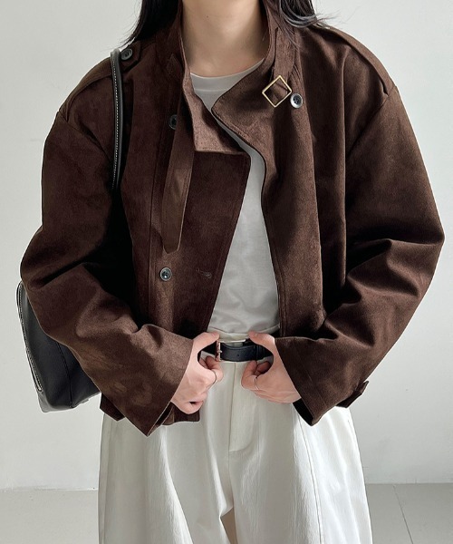 semplice(センプリチェ)の「スエード風ハイネックショートブルゾン(その他アウター・レディース・グレー/ブラウン・L/M)」の2枚目の写真