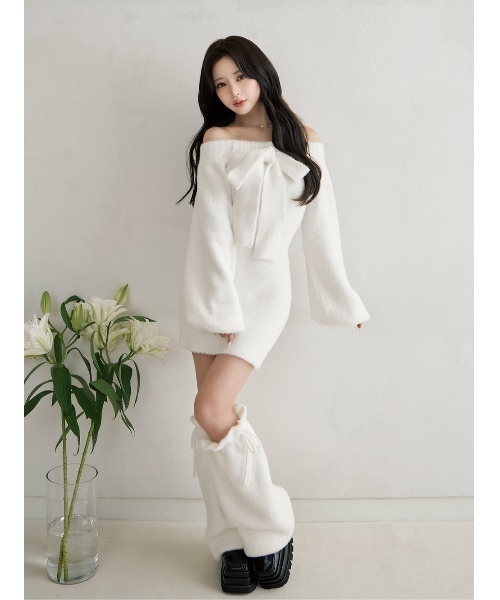Darich♡フーディーオフショルニットミニワンピース♡ホワイト♡FREE フーディーオフショルニットミニワンピース（ワンピース）｜Darich