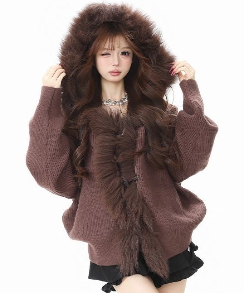 セール】【秋冬新作】ボリュームファー付きもこもこニットブルゾン