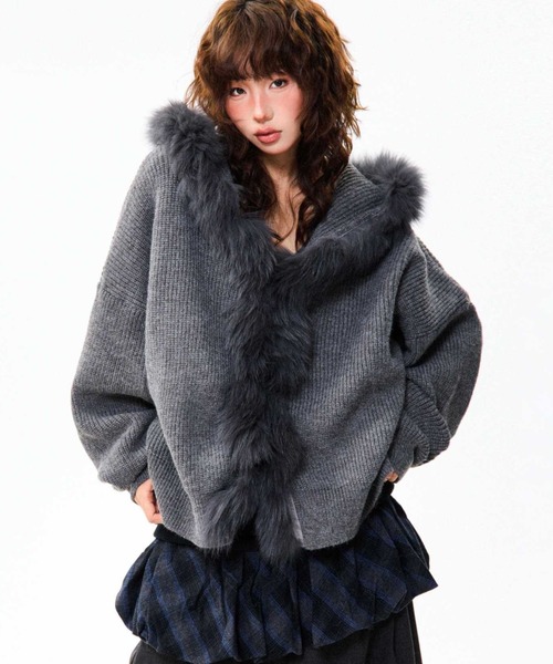 セール】【秋冬新作】ボリュームファー付きもこもこニットブルゾン