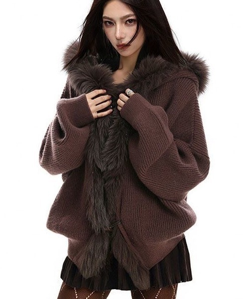 セール】【秋冬新作】ボリュームファー付きもこもこニットブルゾン