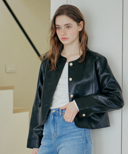 YUPPE(ヨッペ)の「ROUND LEATHER JACKET_BLACK(ライダースジャケット・レディース・その他・FREE)」の1枚目の写真
