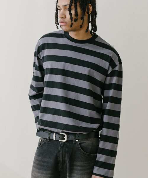 VASTIC(バスティック)の「オーバーサイズストライプロングスリーブ_チャコール/ブラック(Tシャツ/カットソー・メンズ・その他・LARGE/MEDIUM)」の1枚目の写真