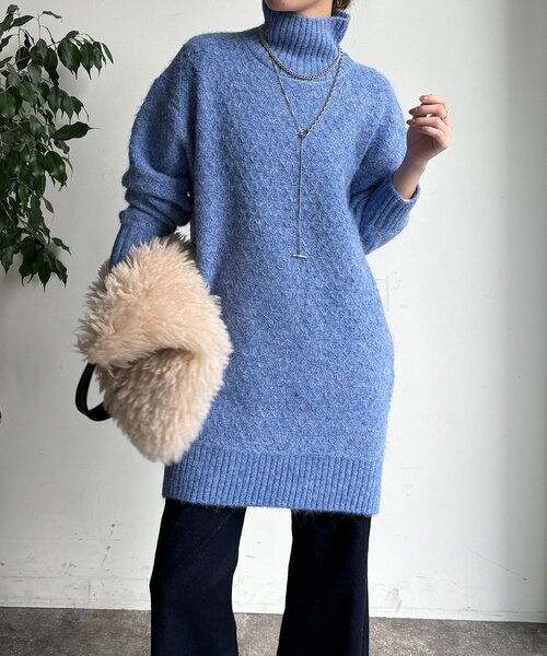 DouDou(ドゥドゥ)の「【WEB限定】クロス編みタートルチュニック(ニット/セーター・レディース・ブラック/ブルー/ベージュ・FREE)」の3枚目の写真