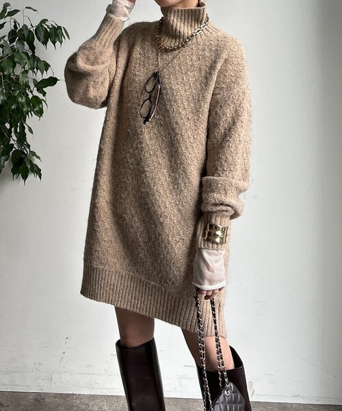 DouDou(ドゥドゥ)の「【WEB限定】クロス編みタートルチュニック(ニット/セーター・レディース・ブラック/ブルー/ベージュ・FREE)」の10枚目の写真