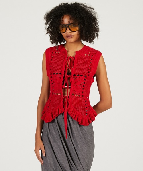 PRANK PROJECT(プランクプロジェクト)の「モチーフパターン2WAYニットベスト / Motif Pattern 2-Way Knit Vest(ベスト・レディース・ブラック/ホワイト/レッド・FREE)」の3枚目の写真