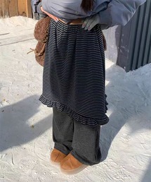 AsheKsha（アシクシャ）の「韓国風フェイクツーピースストライプパッチワークスカートパンツストレートカジュアルパンツ（その他パンツ）」