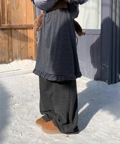 AsheKsha(アシクシャ)の「韓国風フェイクツーピースストライプパッチワークスカートパンツストレートカジュアルパンツ(その他パンツ・レディース・ダークグレー・M)」の2枚目の写真