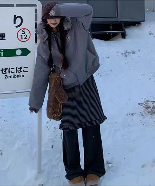AsheKsha(アシクシャ)の「韓国風フェイクツーピースストライプパッチワークスカートパンツストレートカジュアルパンツ(その他パンツ・レディース・ダークグレー・M)」の5枚目の写真