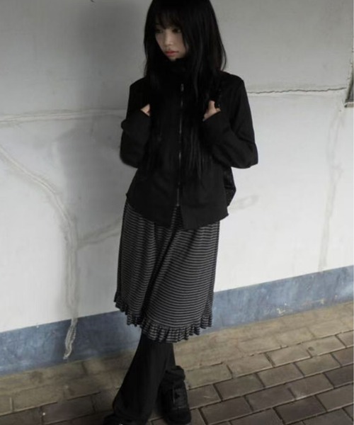 AsheKsha(アシクシャ)の「韓国風フェイクツーピースストライプパッチワークスカートパンツストレートカジュアルパンツ(その他パンツ・レディース・ダークグレー・M)」の10枚目の写真