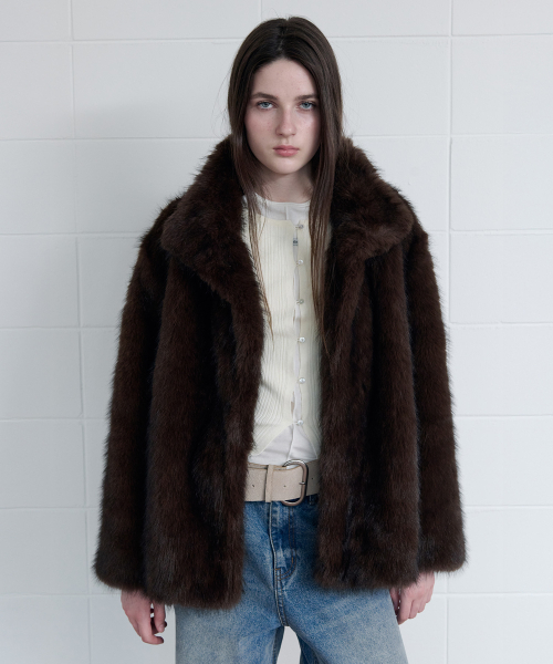 セール】HIGH NECK FUR JACKET BROWN（ムートンコート）｜ROLAROLA