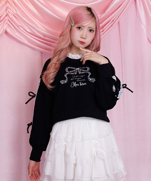 axes femme POETIQUE(アクシーズファムポエティック)の「レース使いビジュースウェット(Tシャツ/カットソー・レディース・ラベンダー/ピンク/ブラック・MEDIUM)」の1枚目の写真