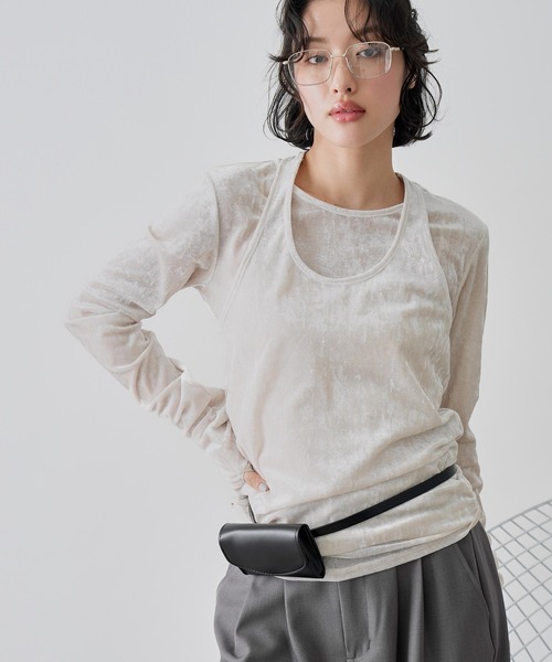 NOGLE(ノグル)の「【NOGLE/ノグル】シアーベロアホルターネックレイヤードトップス(Tシャツ/カットソー・レディース・グレー系/ブラウン/アイボリー/ブラック・FREE)」の2枚目の写真