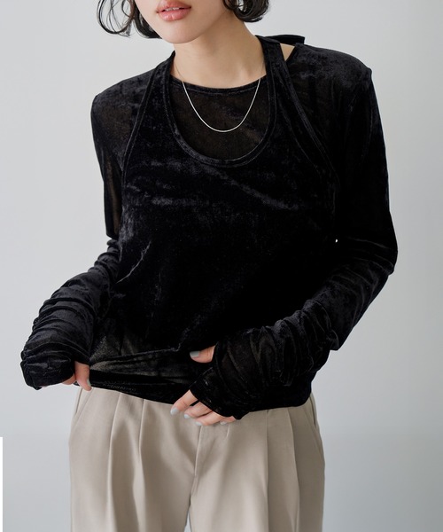 NOGLE(ノグル)の「【NOGLE/ノグル】シアーベロアホルターネックレイヤードトップス(Tシャツ/カットソー・レディース・グレー系/ブラウン/アイボリー/ブラック・FREE)」の6枚目の写真